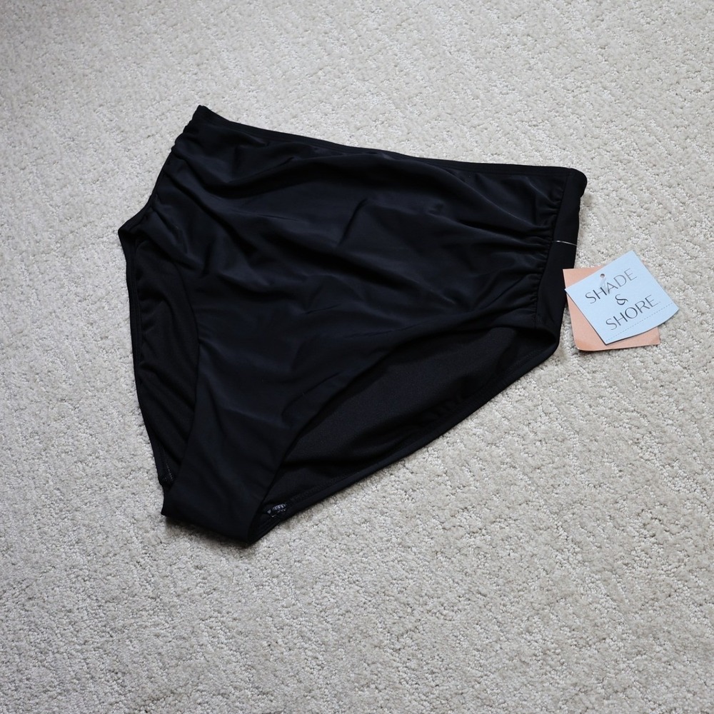 Shade & Shore Womens Black High Waist Full Coverage Bikini Bottom L 12-14 NWT